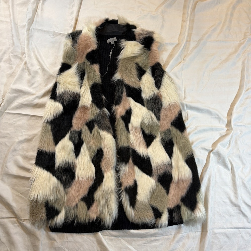Joseph A Women Multicolor Faux Fur Vest Jacket Pink Black Shabby Chic Size S